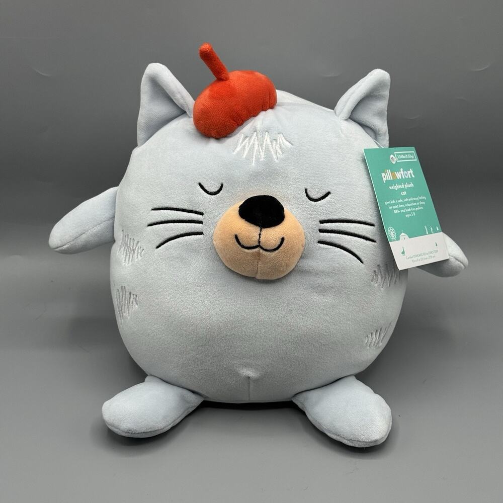Pillowfort Weighted Plush Cat Grey 10" Red Beret 1.14lb Soft Stuffed Animal NEW